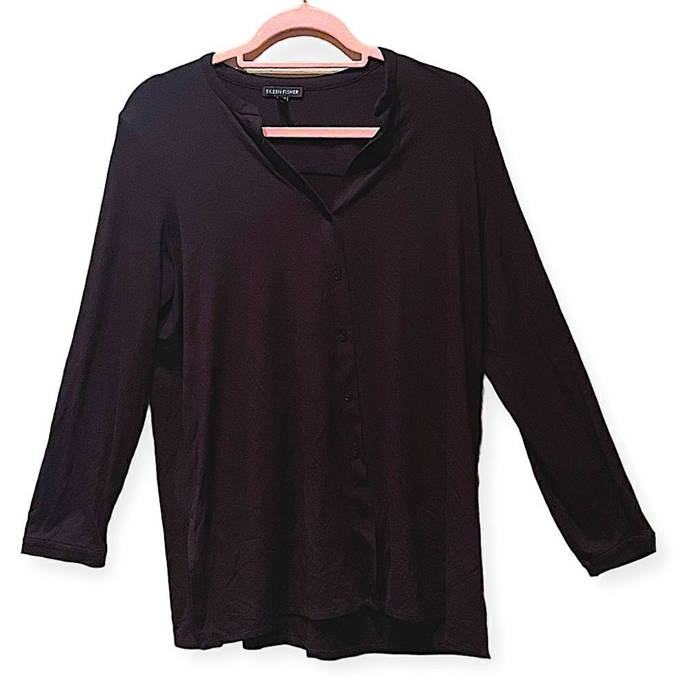 Eileen Fisher Black Button Down Collarless Jersey Knit Tunic Sz M